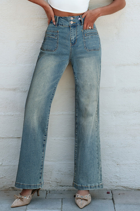 Vintage Wash Double Button Front Patch Pocket Flare Jeans